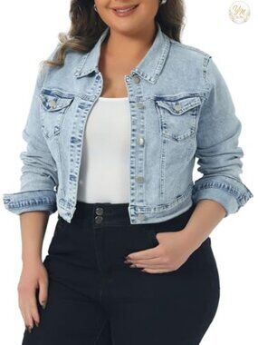 Plus Size Cropped Denim Jacket Stitching Button Closure